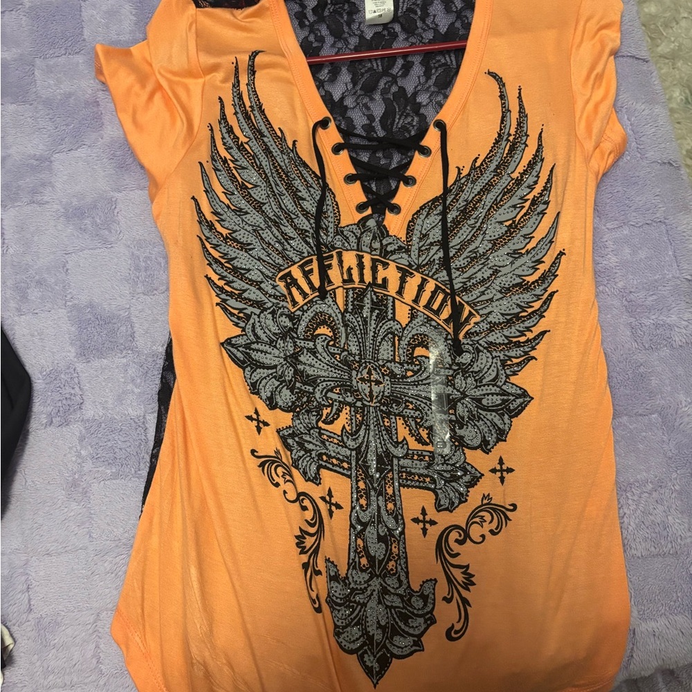 Affliction Women's Orange Winged Graphic Tee